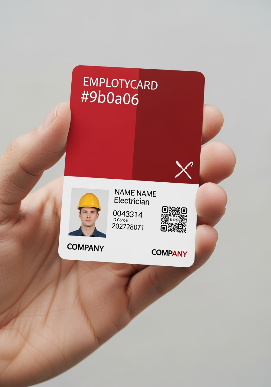 Red and white employee ID card held in a hand against a gray background