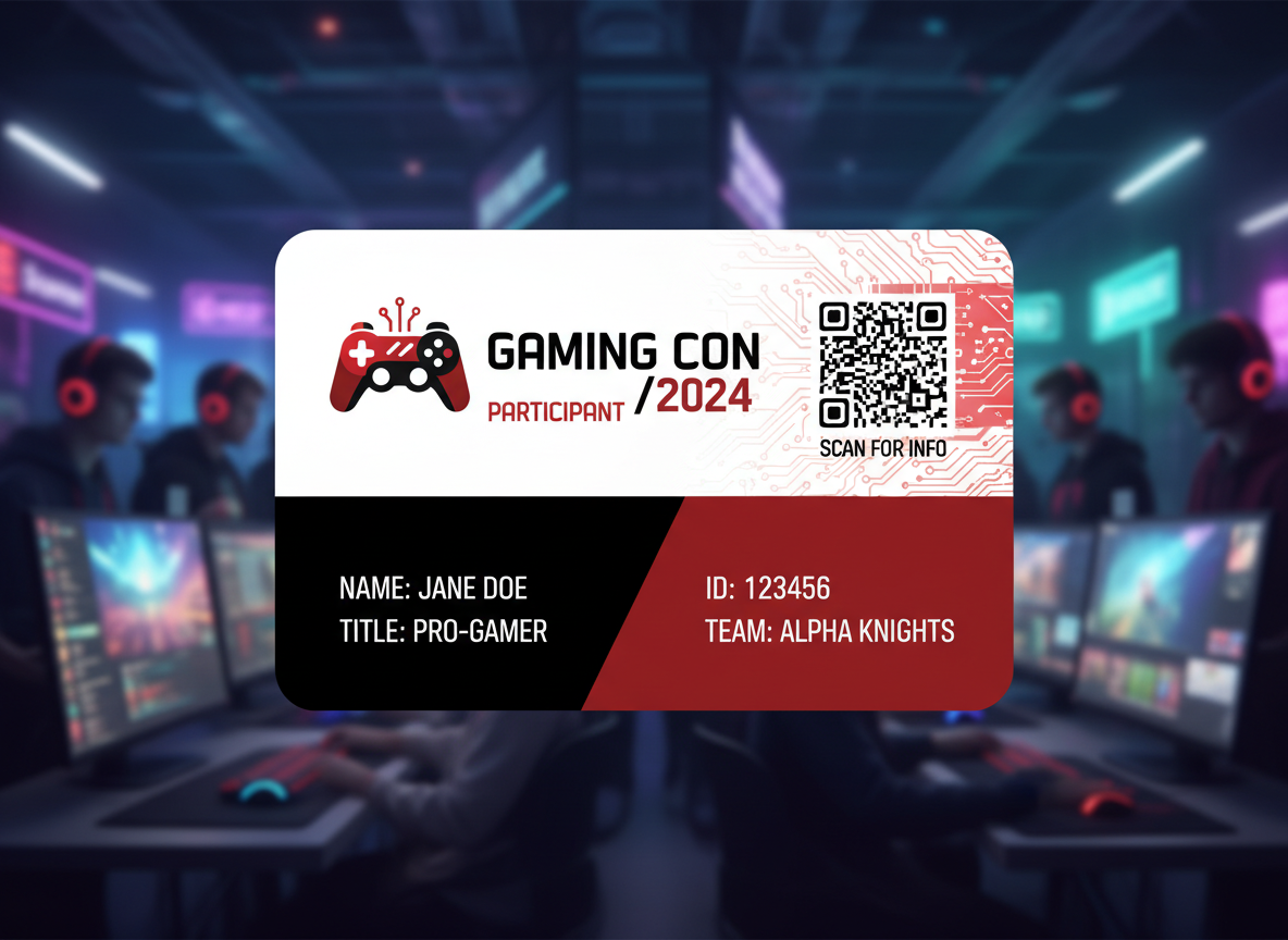 Gaming Con 2024 participant badge with a blurred gaming event background