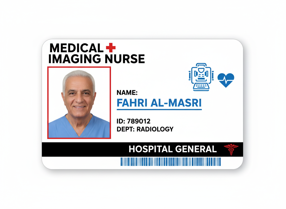 Medical imaging nurse ID card with a photo of a man, name, ID number, department, and hospital name.