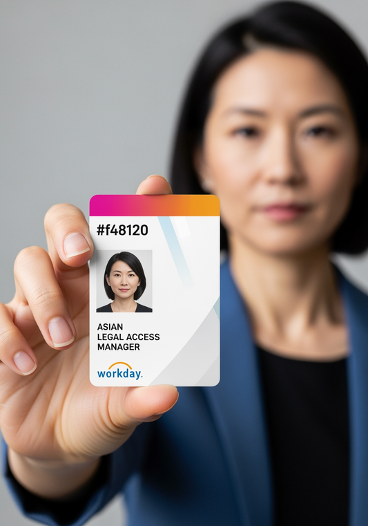 Person holding a colorful ID card with 'workday' branding