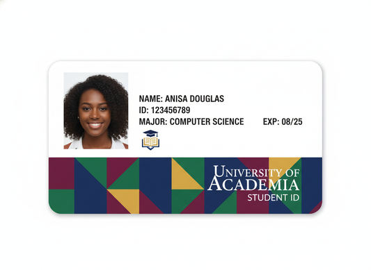 University of Academia student ID card with a photo of a student and ID details.